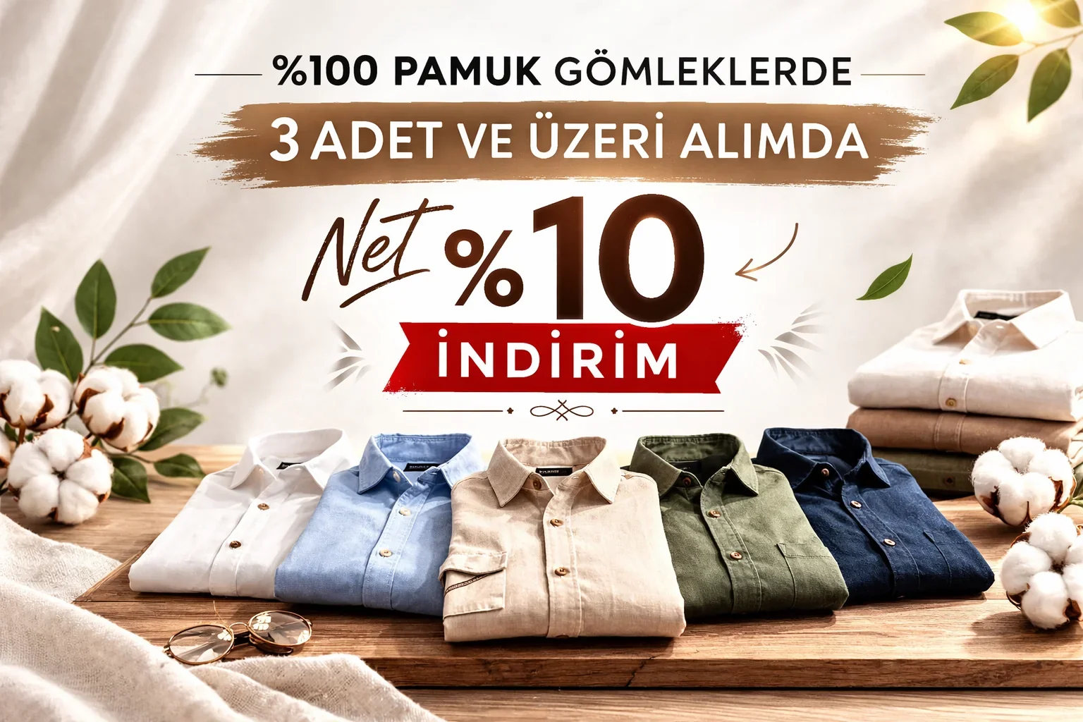 %100 Pamuk Gömleklerde 3 Adet ve Üzeri Alımda Net Yüzde 10 İndirim