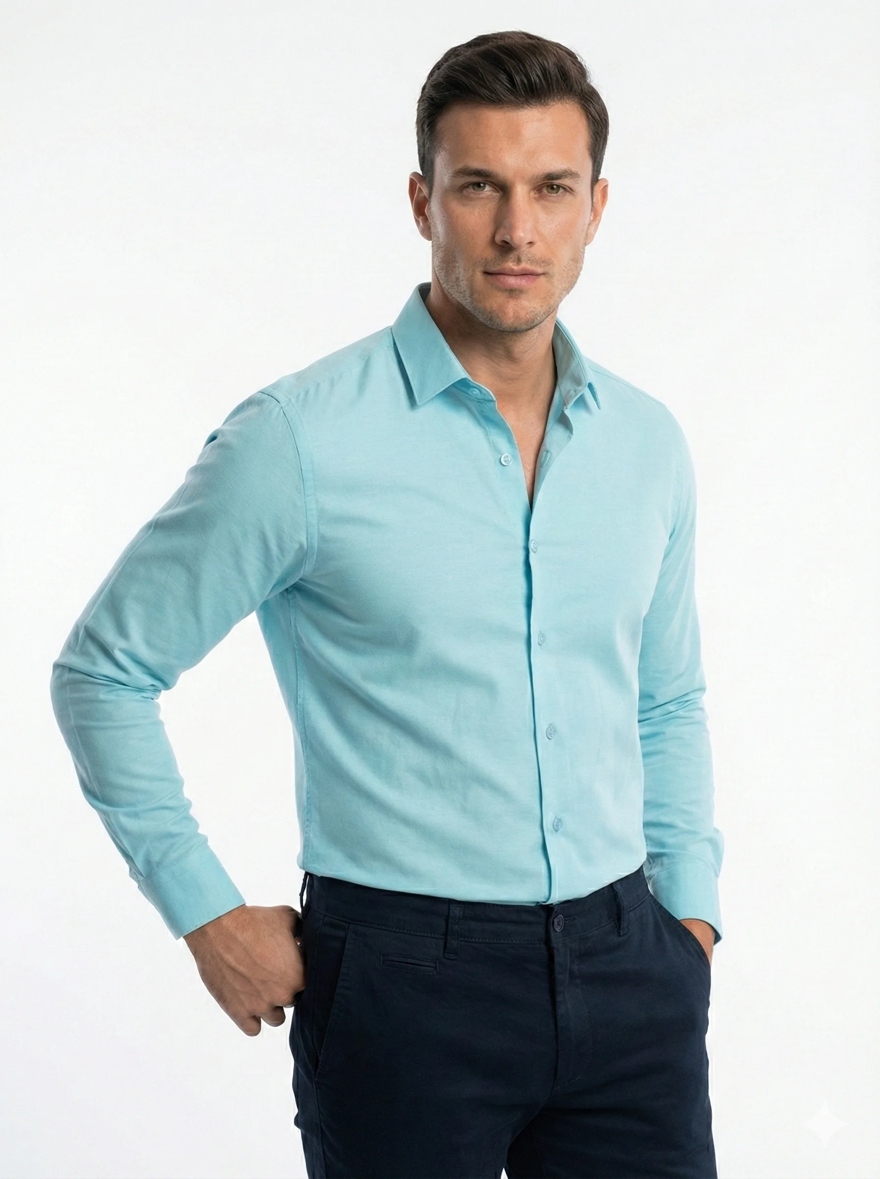 Turkuaz Düz Renk Pamuklu Erkek Gömlek