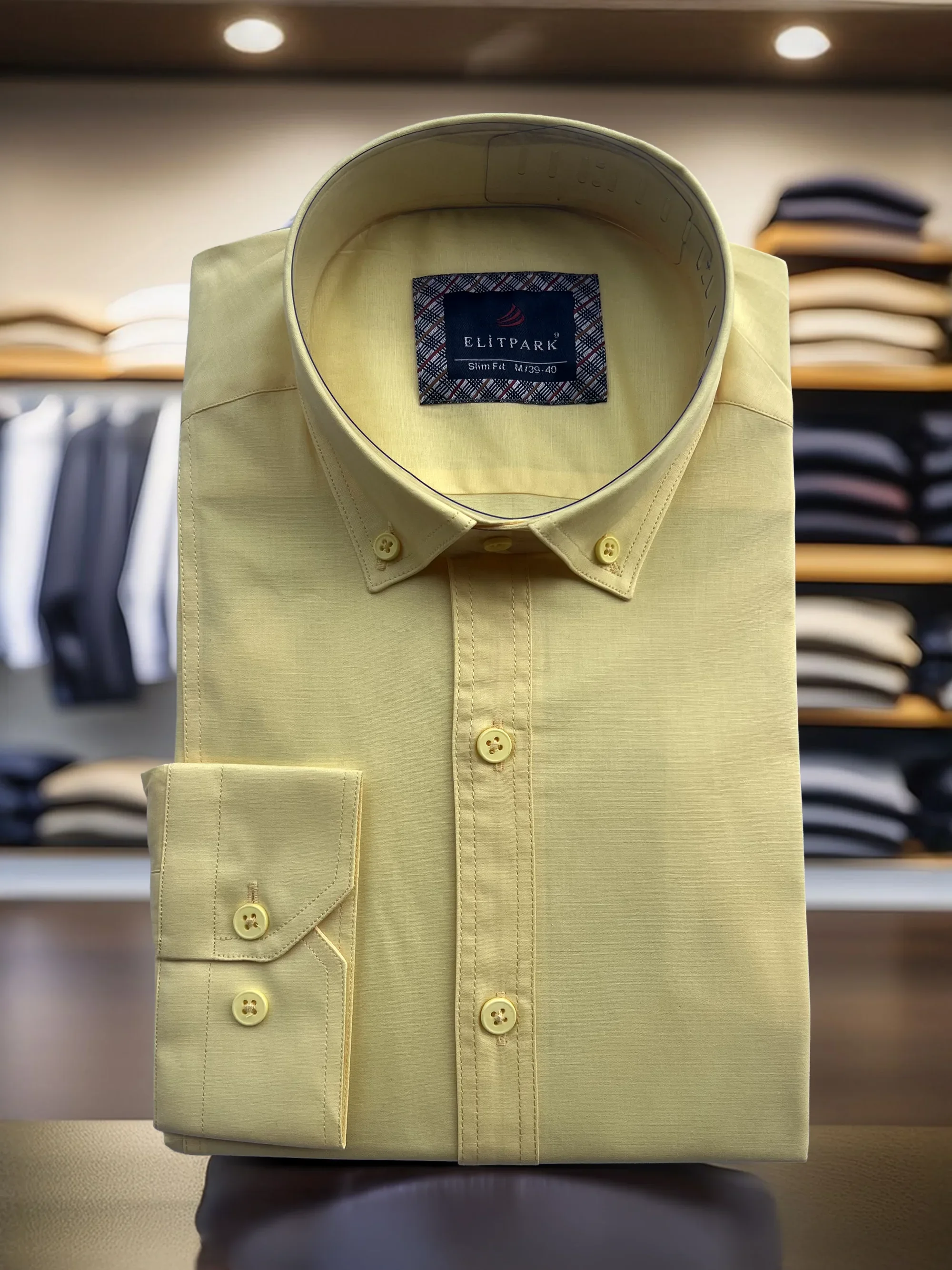 Sarı Düz Renk Ön Dikiş Detaylı Pamuklu Erkek Gömlek