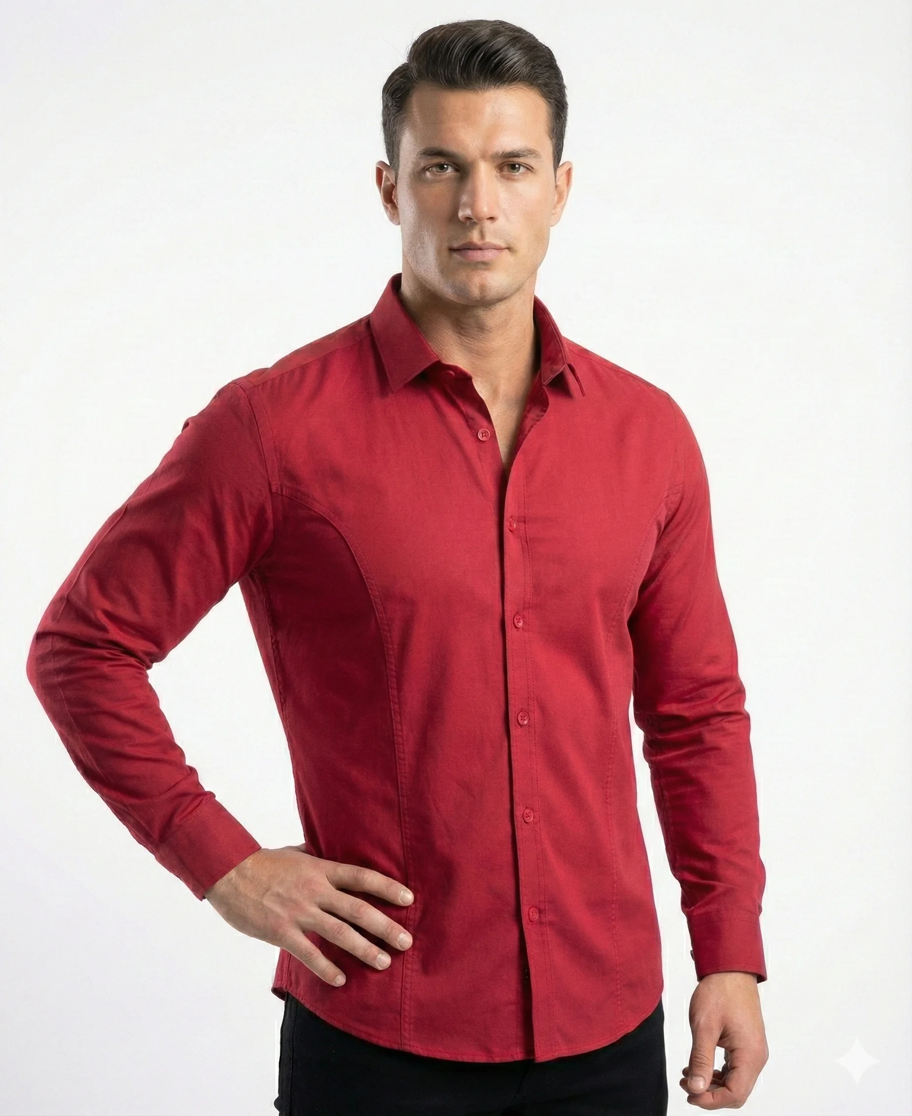 Kırmızı Düz Renk Ön Dikiş Detaylı Pamuklu Erkek Gömlek