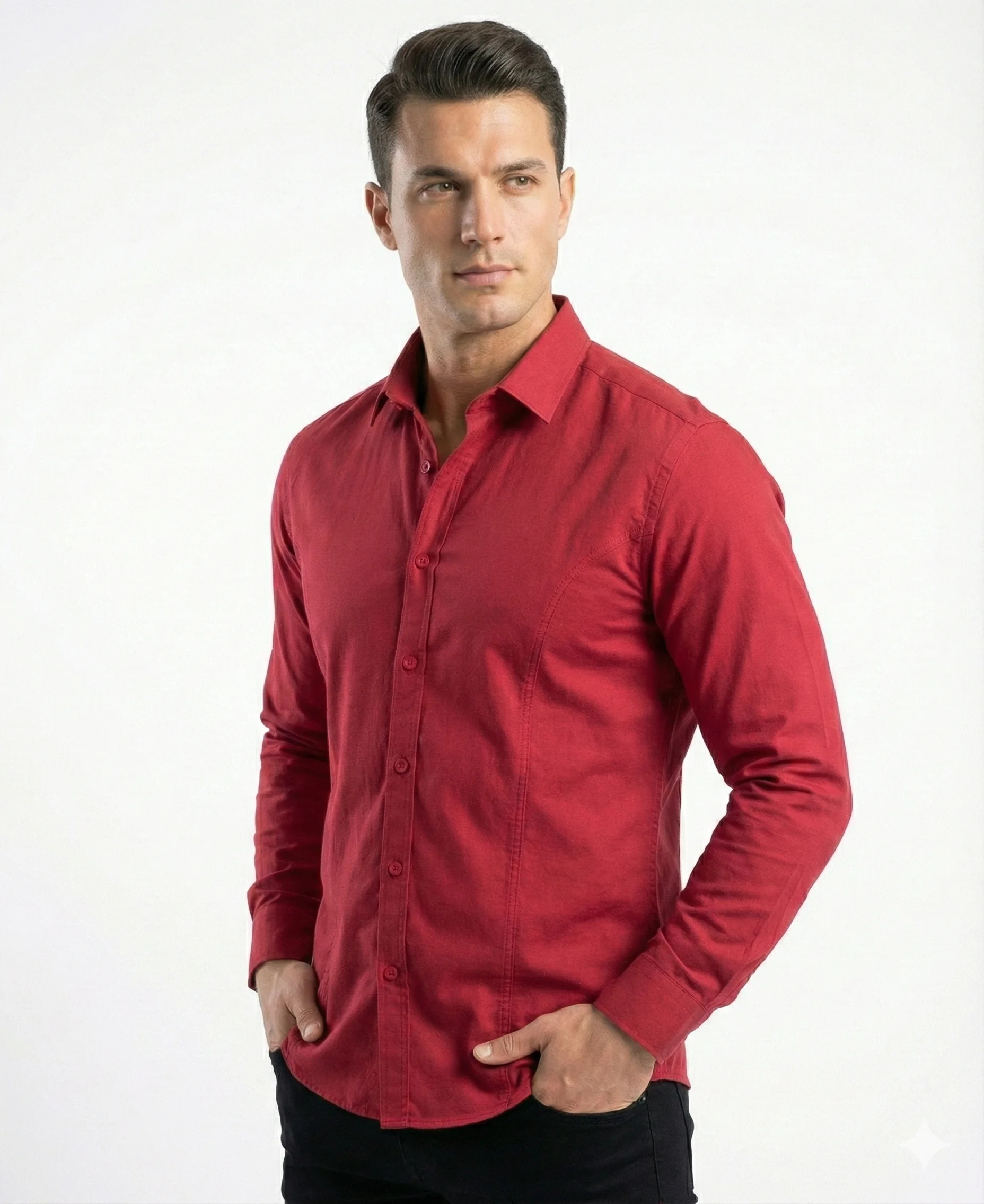 Kırmızı Düz Renk Ön Dikiş Detaylı Pamuklu Erkek Gömlek