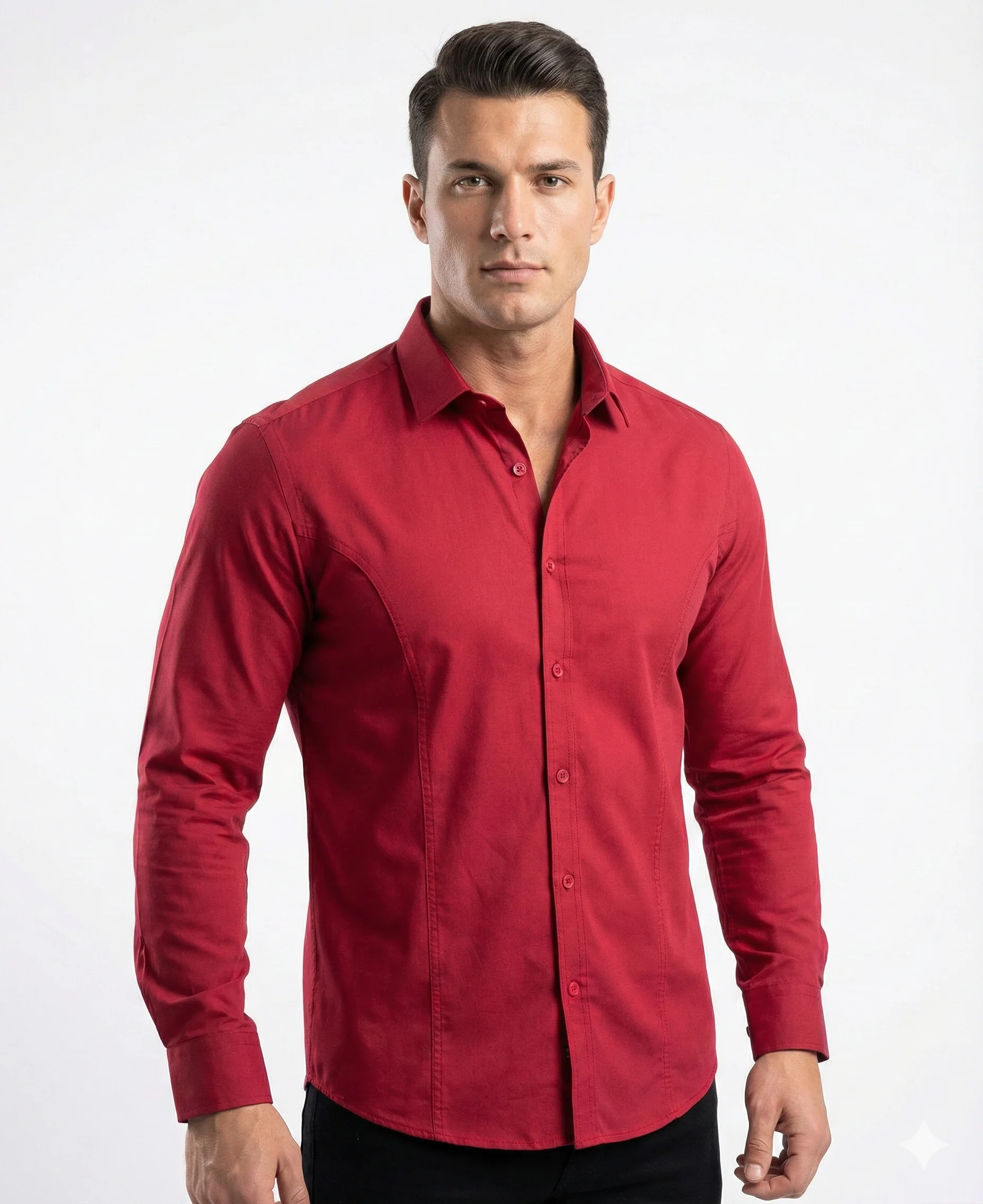 Kırmızı Düz Renk Ön Dikiş Detaylı Pamuklu Erkek Gömlek