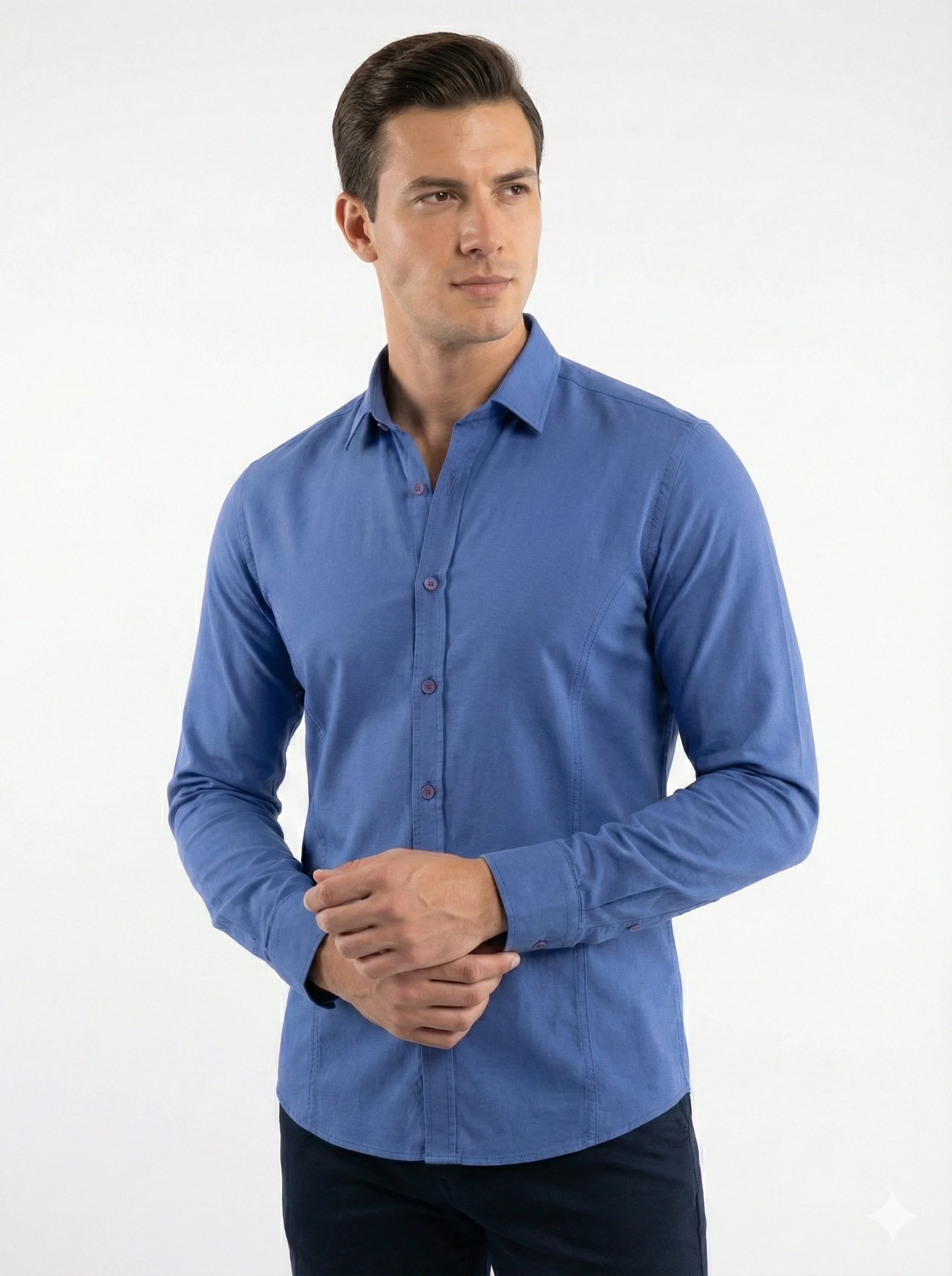 Koyu Mavi Düz Renk Ön Dikiş Detaylı Pamuklu Erkek Gömlek