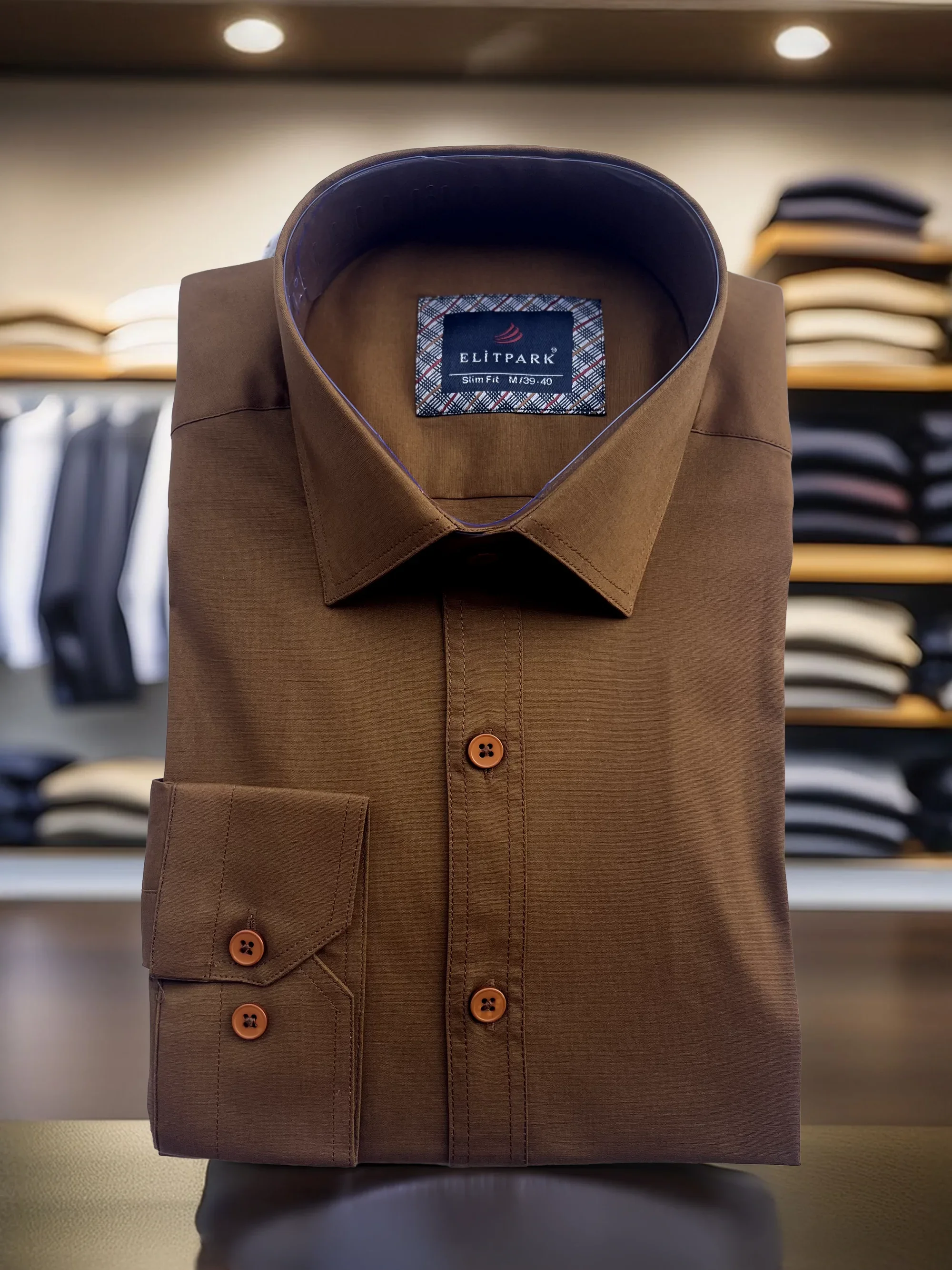 Kahverengi Düz Renk Ön Dikiş Detaylı Pamuklu Erkek Gömlek