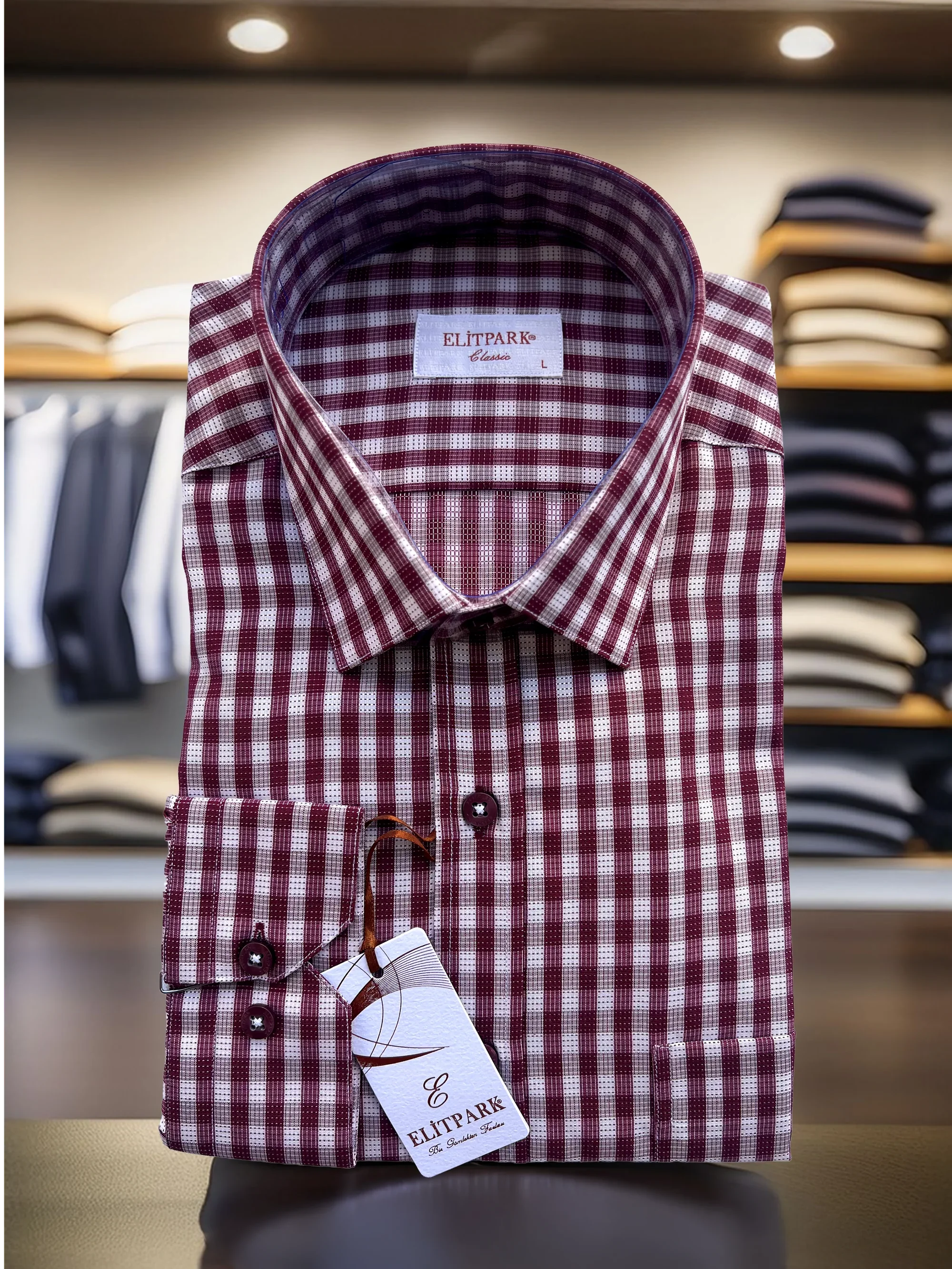 Bordo Ekose Pamuklu Erkek Gömlek