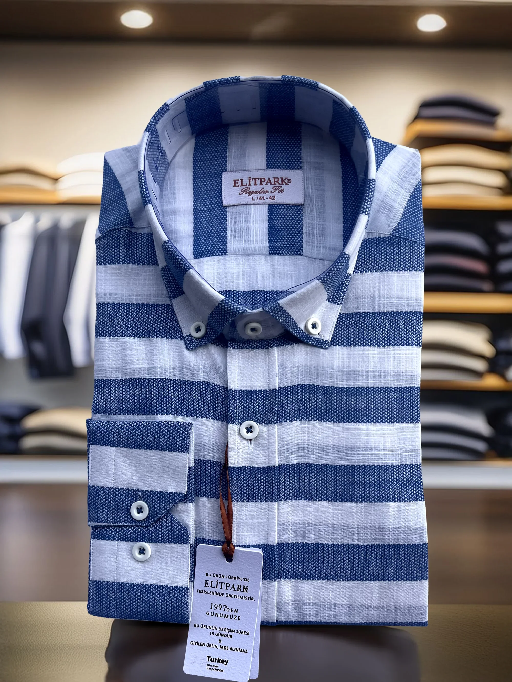 Erkek Koyu Mavi-Beyaz Çizgili Düğmeli Yaka %100 Pamuk Uzun Kollu Gömlek