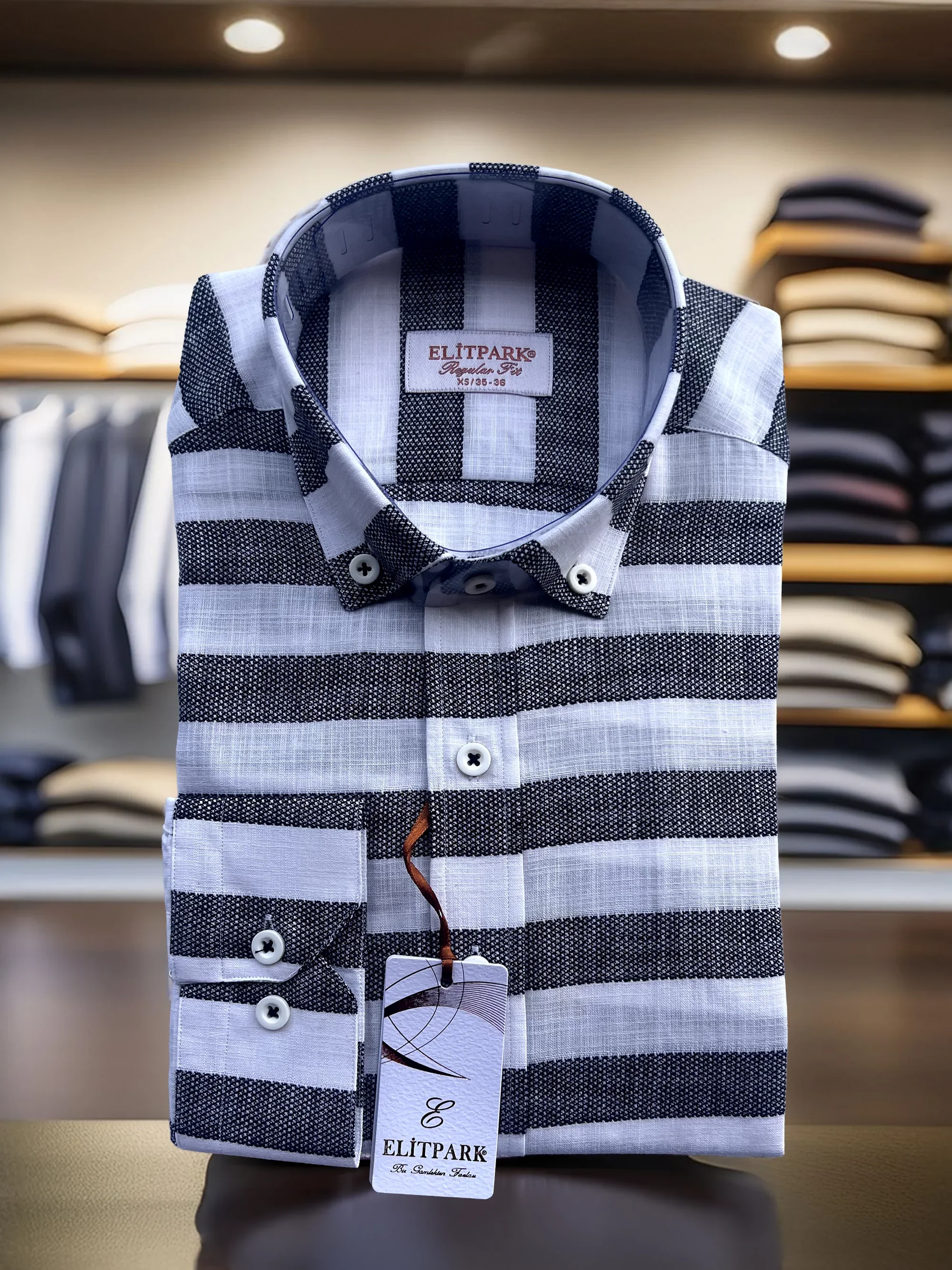 Erkek Siyah-Beyaz Çizgili Düğmeli Yaka %100 Pamuk Uzun Kollu Gömlek