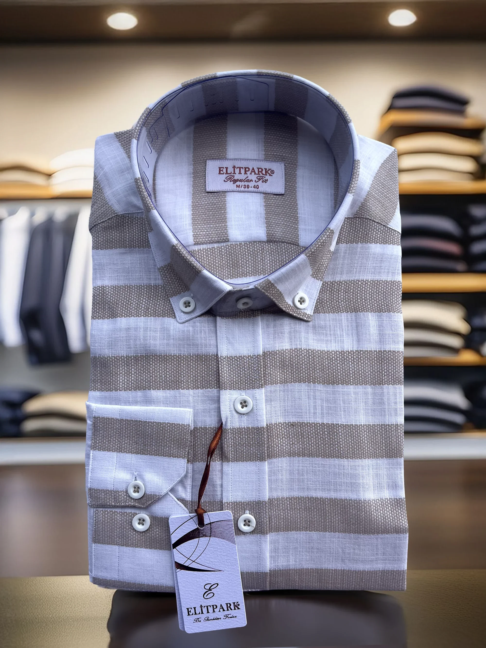 Erkek Bej-Beyaz Çizgili Düğmeli Yaka %100 Pamuk Uzun Kollu Gömlek