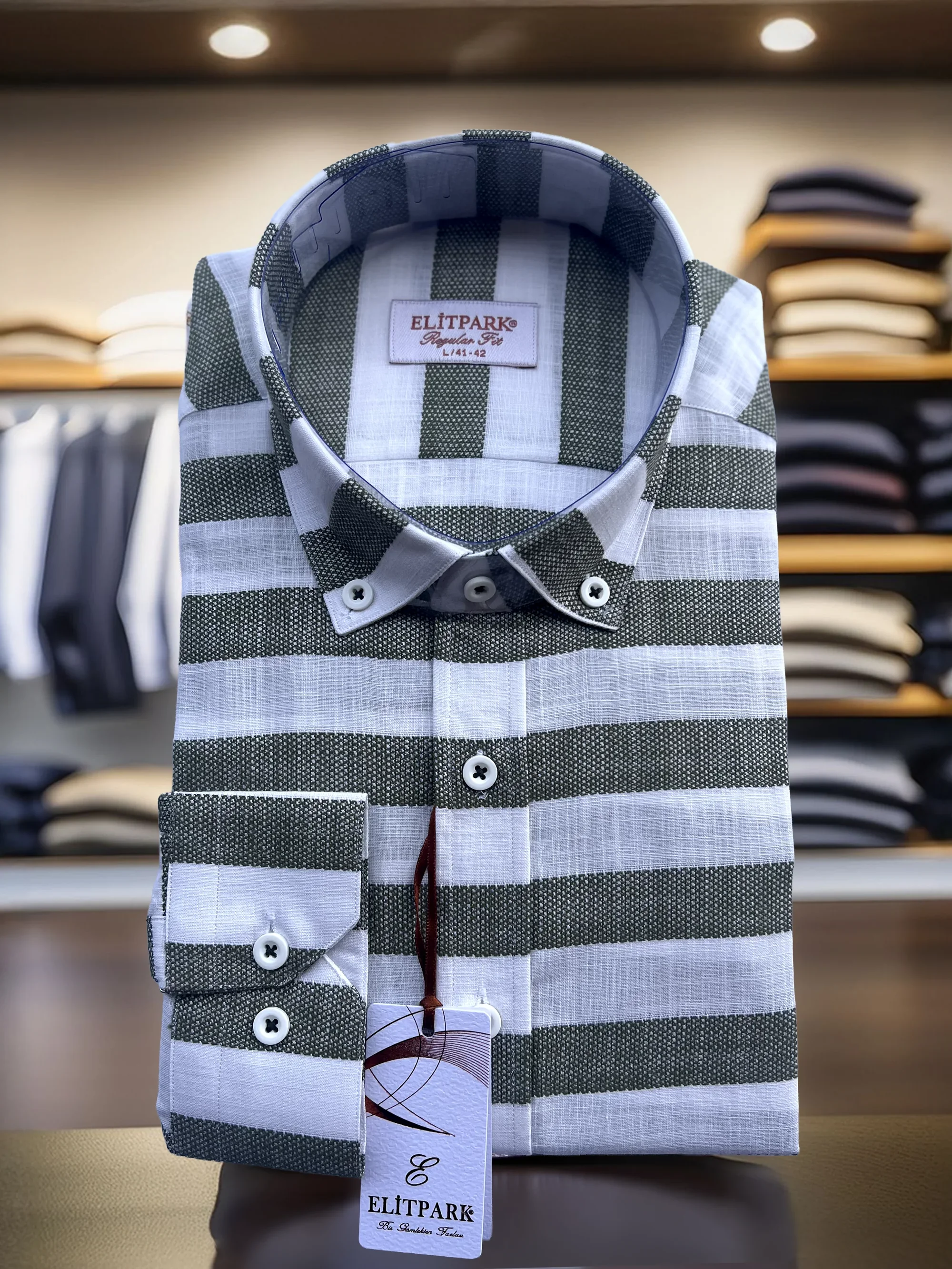 Erkek Yeşil-Beyaz Çizgili Düğmeli Yaka %100 Pamuk Uzun Kollu Gömlek