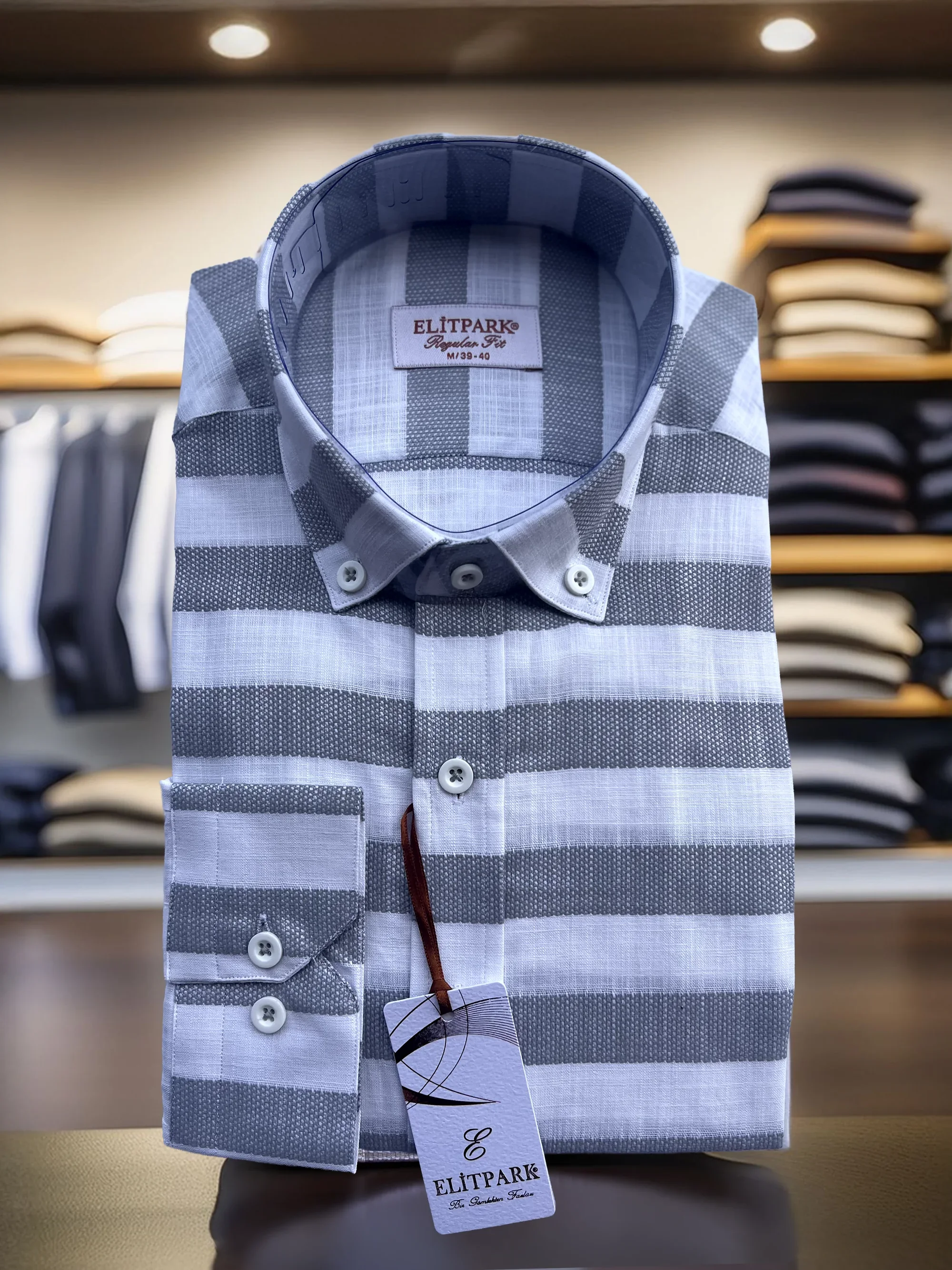 Erkek Gri-Beyaz Çizgili Düğmeli Yaka %100 Pamuk Uzun Kollu Gömlek