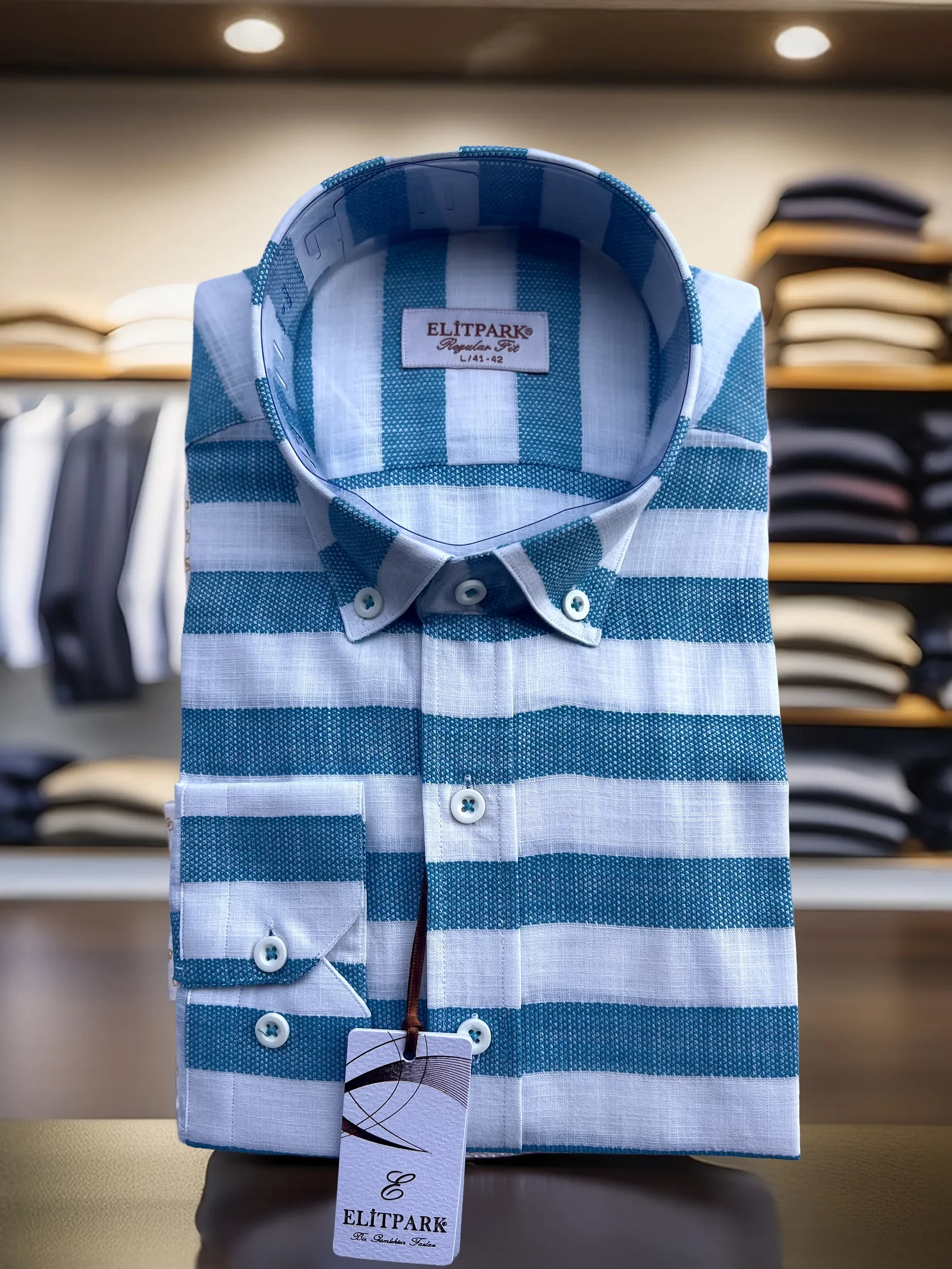 Erkek Açık Turkuaz-Beyaz Çizgili Düğmeli Yaka %100 Pamuk Uzun Kollu Gömlek