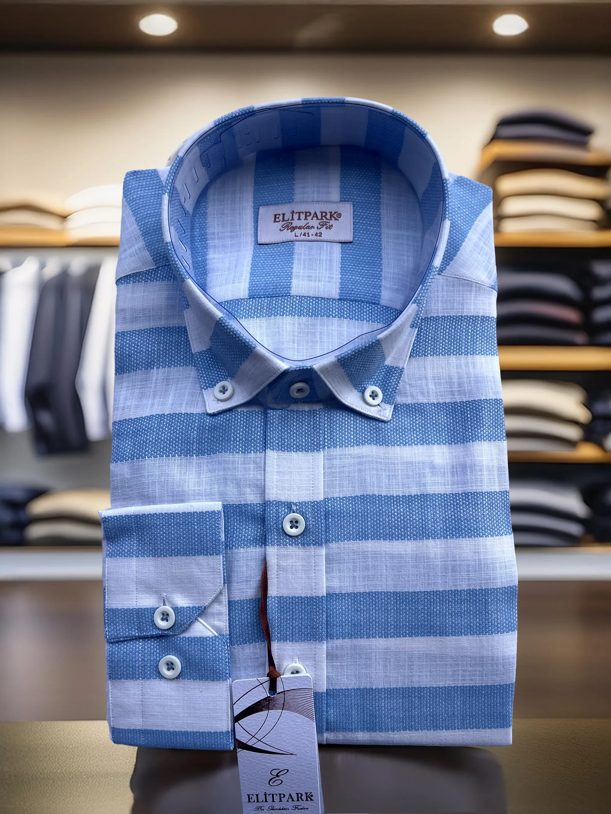 Erkek Buz Mavisi-Beyaz Çizgili Düğmeli Yaka %100 Pamuk Uzun Kollu Gömlek