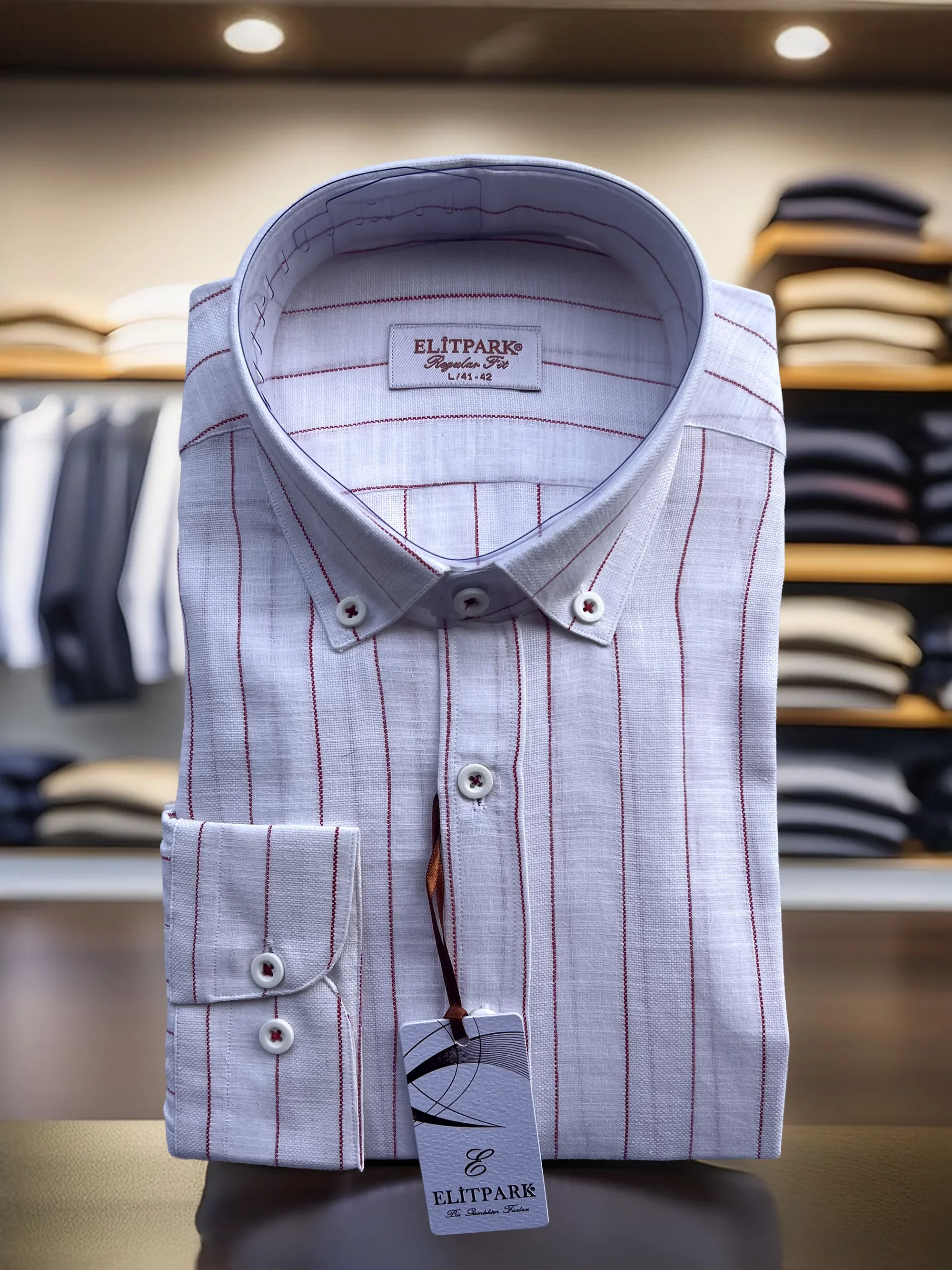 Erkek Kırmızı Çizgili Düğmeli Yaka %100 Pamuk Uzun Kollu Gömlek