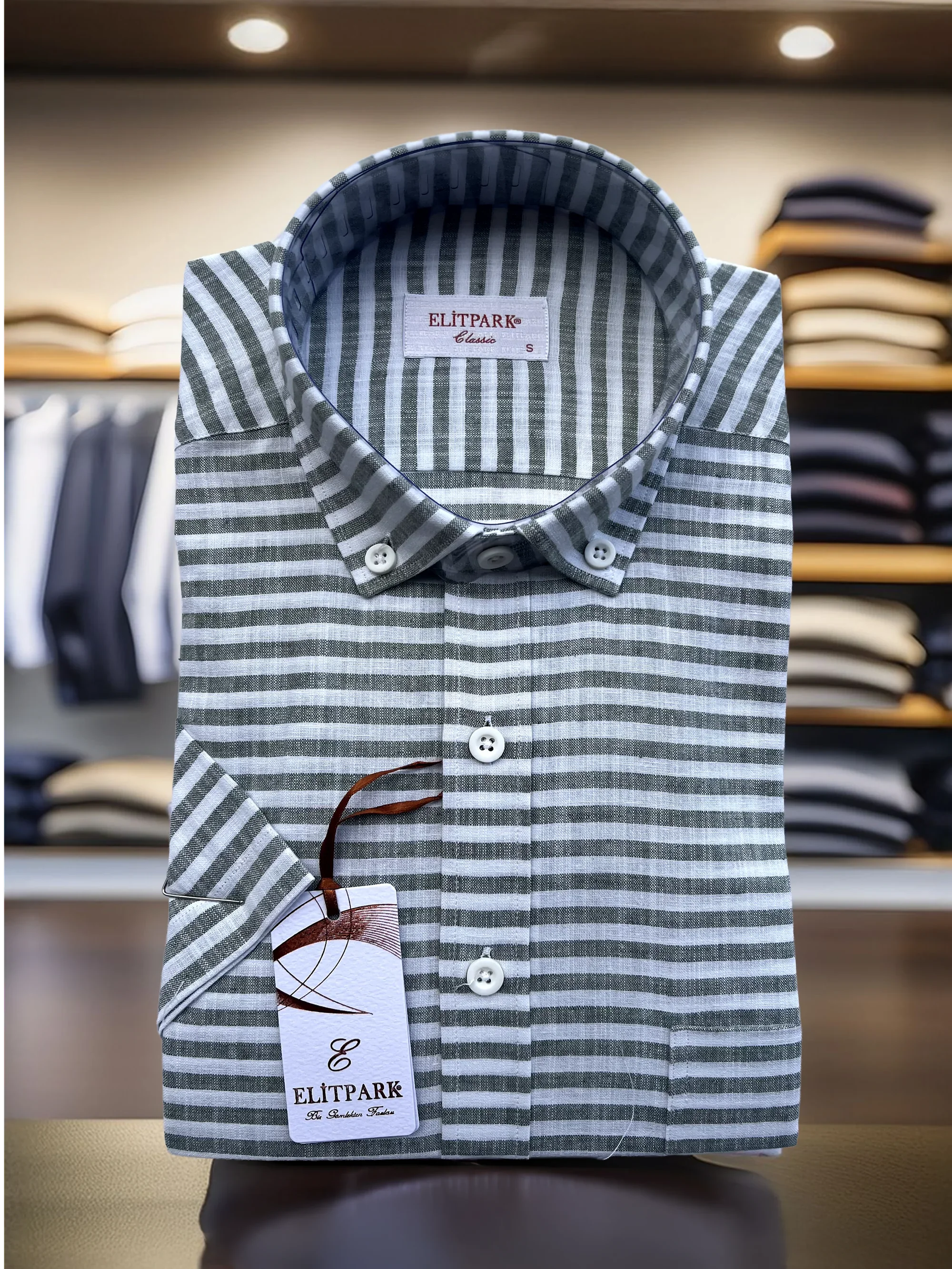 Yan Çizgili Yeşil Kısa Kollu Pamuklu Erkek Gömlek